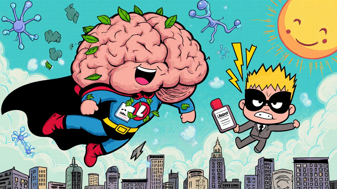A brain superhero powered by green tea and L-theanine, chasing away a chaotic Adderall villain in whimsical style.