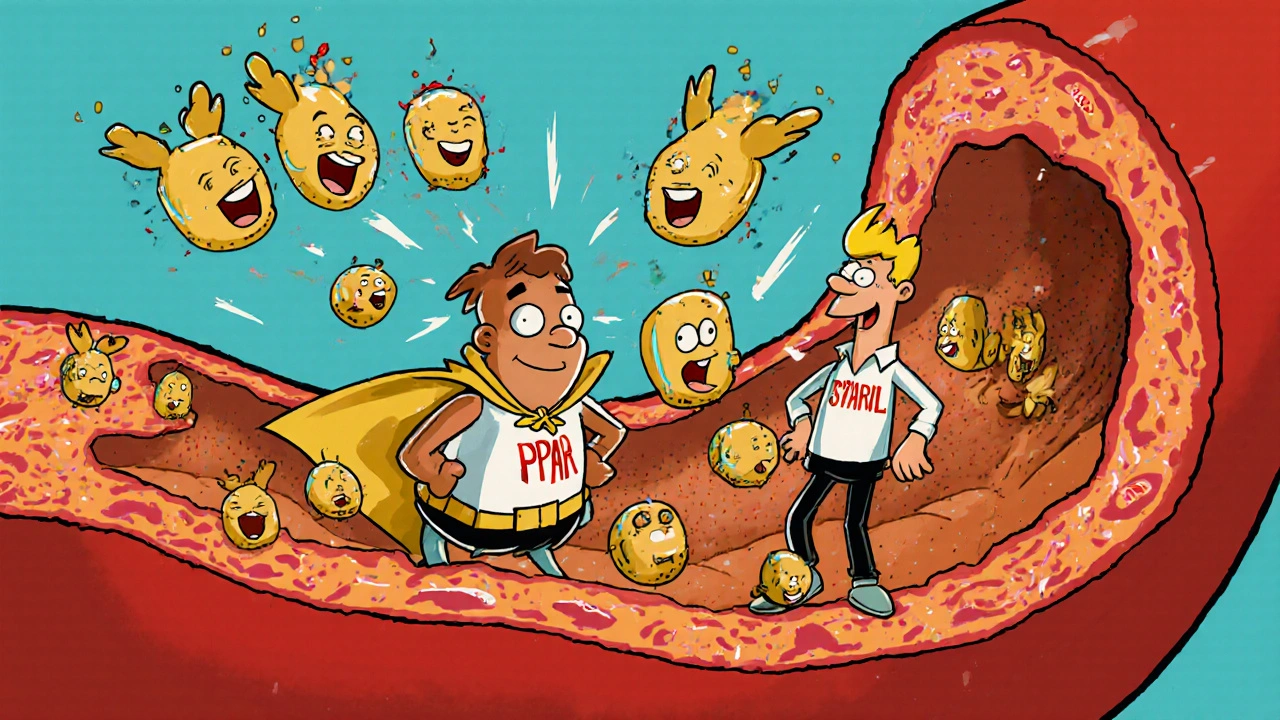 Animated artery where a PPAR‑α hero breaks down triglycerides and HDL particles rise.