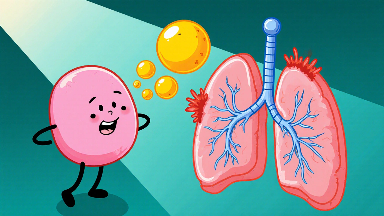 Cartoon adipose cell releases leptin bubbles toward constricted cartoon lungs, illustrating inflammation.