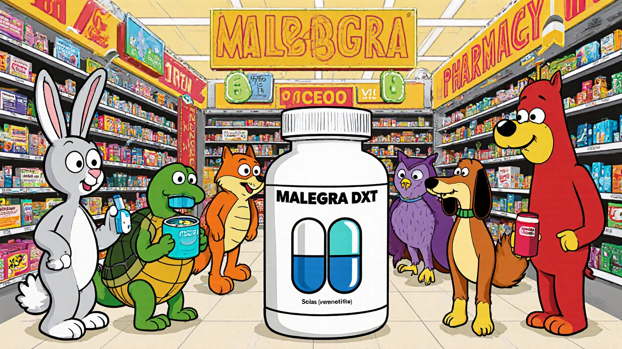 Cartoon characters holding different ED/PE pills, with Malegra DXT in the center on a pharmacy shelf.