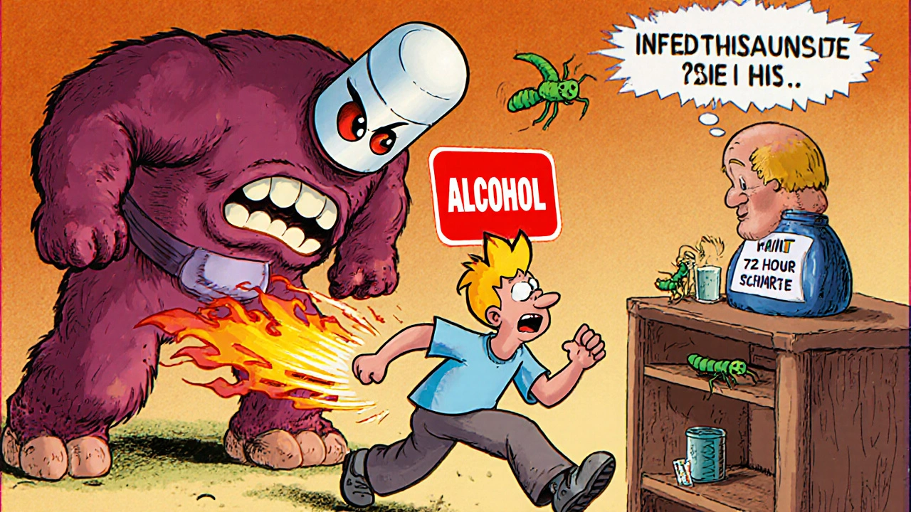 Cartoon of a person warned against alcohol after taking Secnidazole, chased by a fiery pill