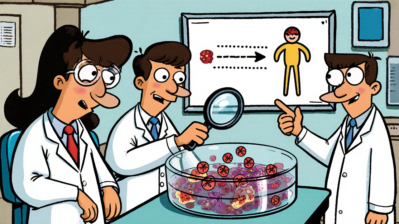 Cartoon scientists examine tumor cells in a petri dish showing reduced growth and immune cells.