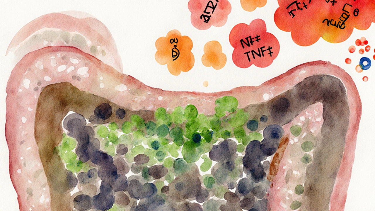 Colorful view of gut microbes and immune cells showing dysbiosis and inflammation.