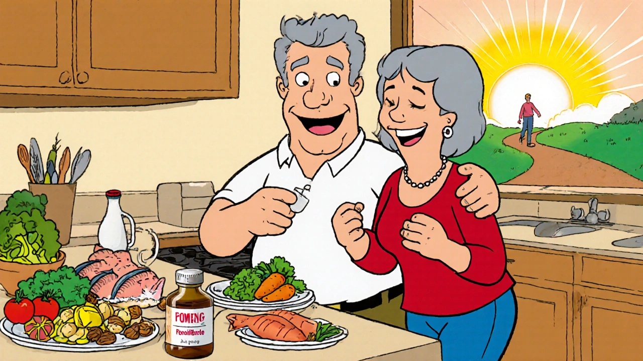 Couple in a kitchen with healthy foods and a fenofibrate bottle, ready for a walk.