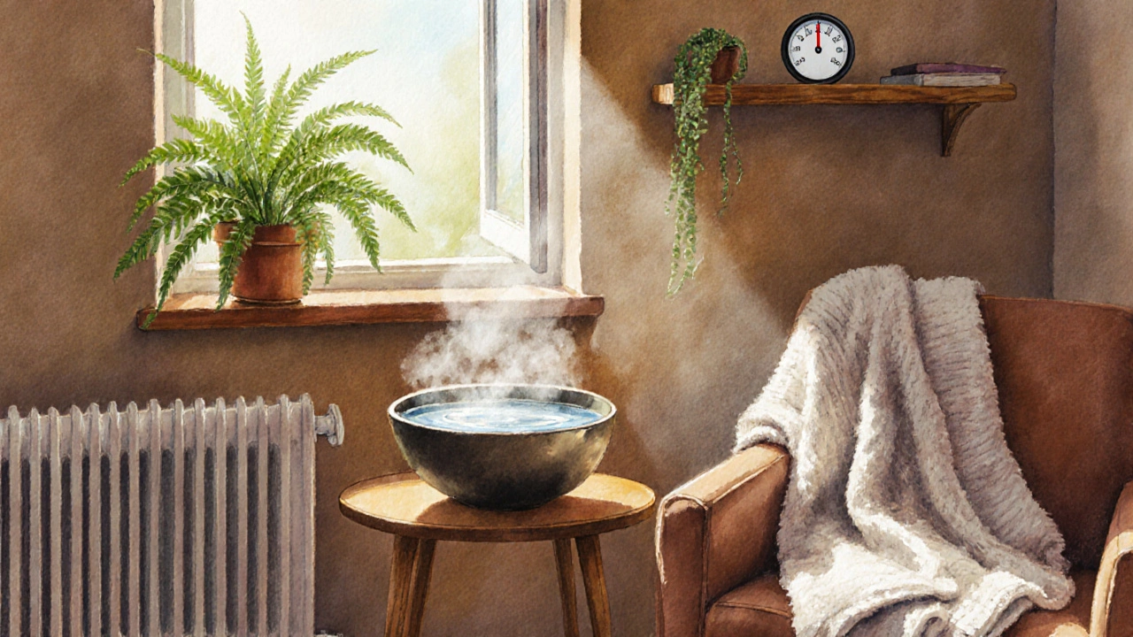 Cozy room with bowl of water, fern, wet towels, and hygrometer showing moderate humidity.
