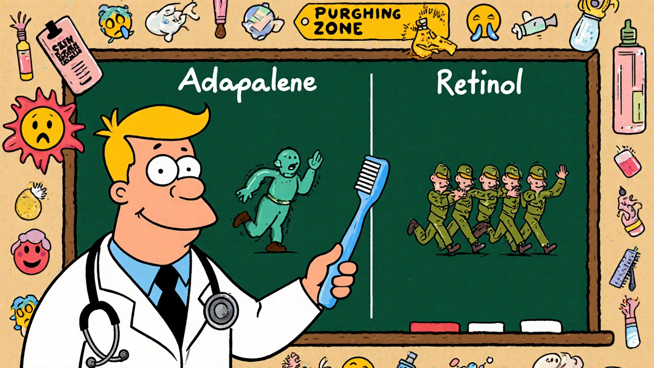 Dermatologist explains acne treatment on chalkboard with dancing skin cells in cartoon style.