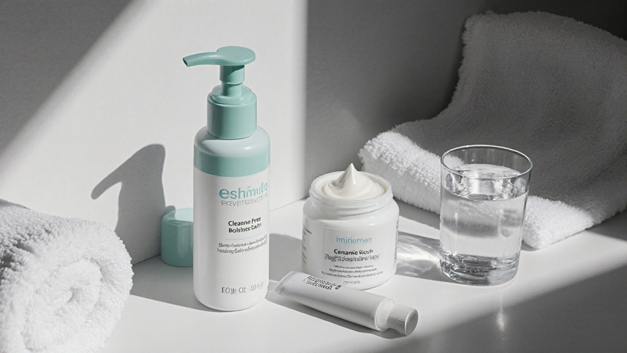 Flat lay of cleanser, moisturizer, and mineral sunscreen on a bathroom counter.