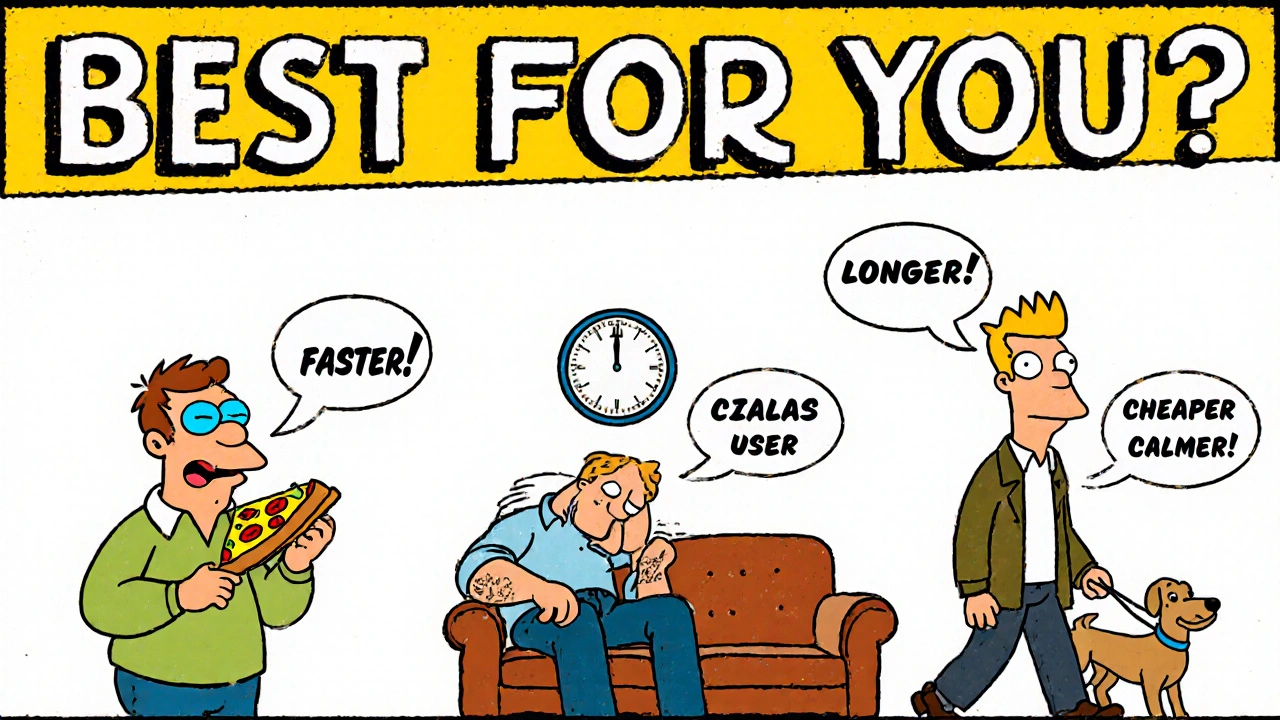 Group of men in different scenarios with Snovitra as the preferred ED choice in Hanna-Barbera cartoon style.