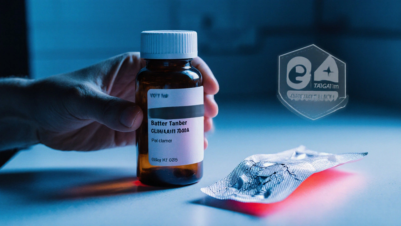 Hand inspecting genuine clindamycin bottle next to a counterfeit pack.