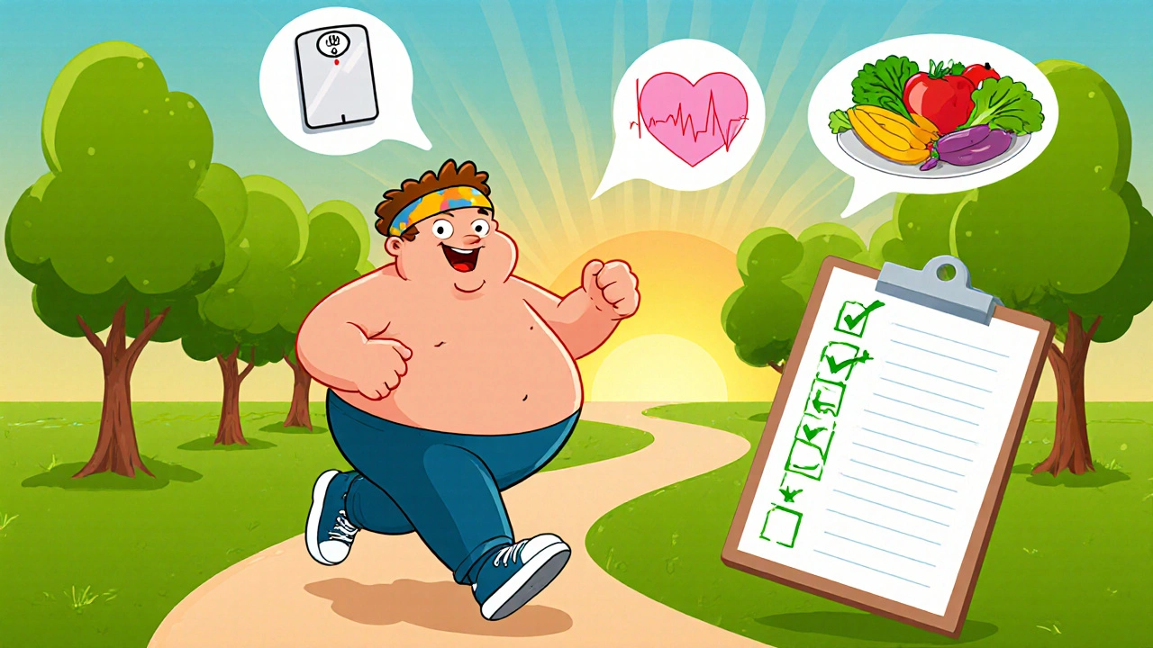 Happy character jogs in a park with icons of weight loss, healthy diet, and improved lung function.