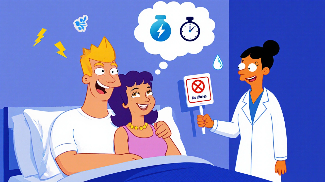 Happy couple with thought bubble showing erection and delayed climax icons, doctor giving safety advice.