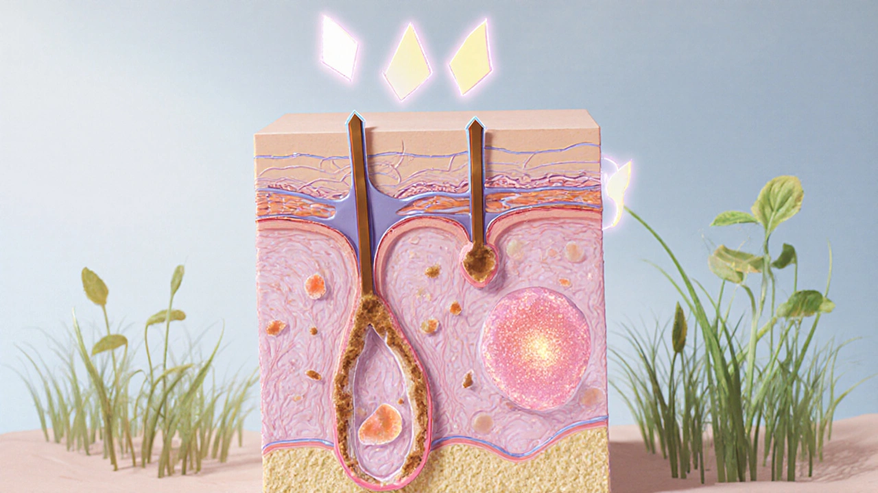 Illustrated skin cross‑section showing retinoid molecules accelerating cell turnover.
