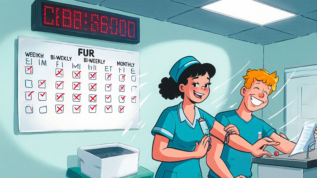 Nurse drawing blood while a calendar marks monitoring appointments and a CBC display shows low ANC.