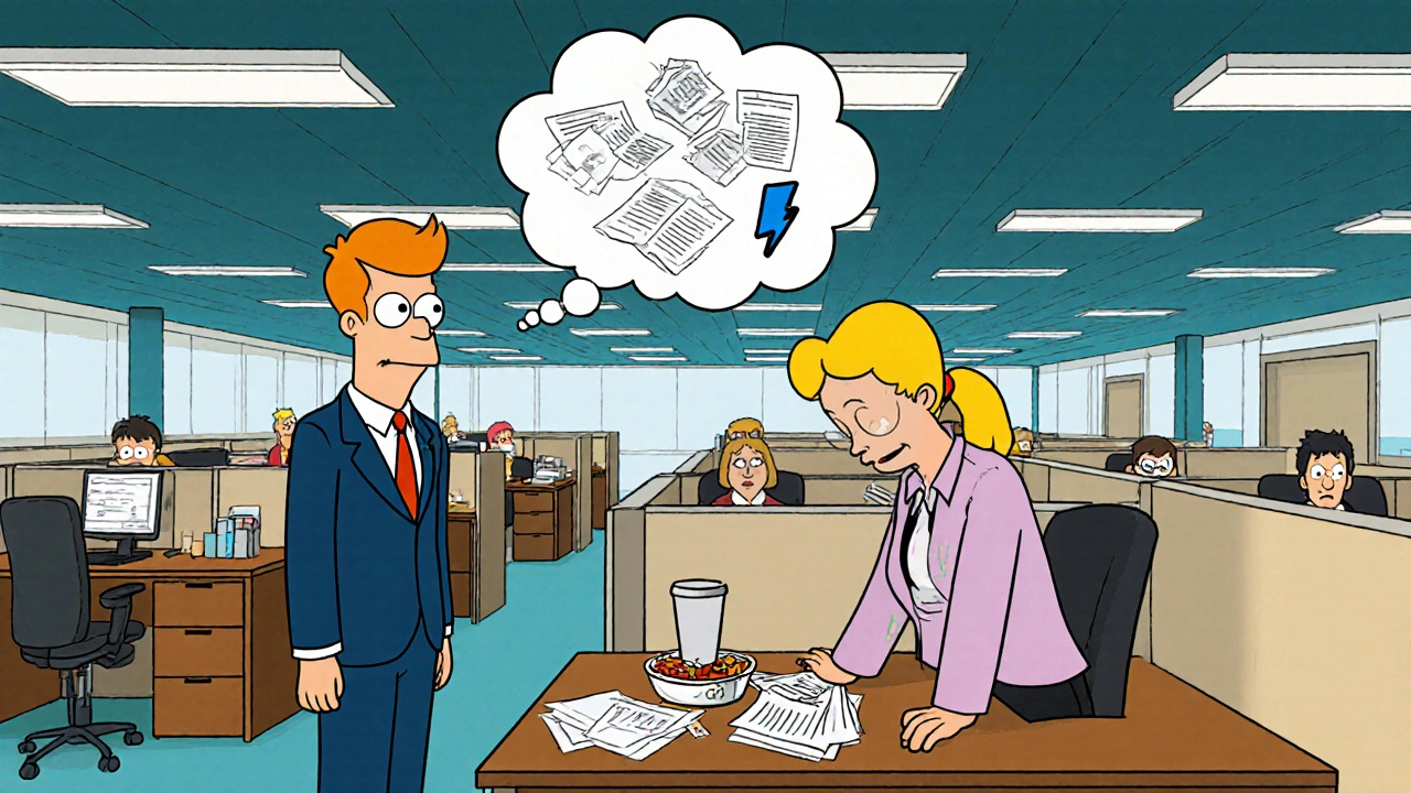 Office scene where a manager notices an employee showing signs of low mood and fatigue.