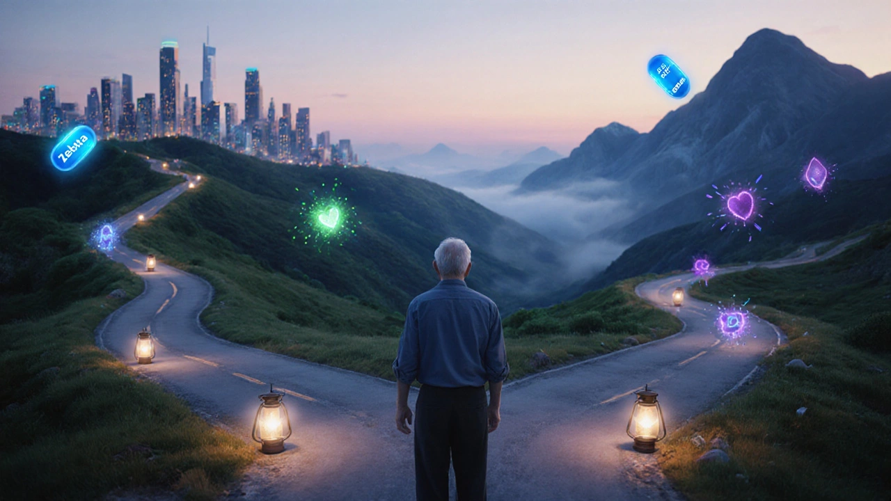 Older adult at a forked path with glowing pills representing different heart medicines.