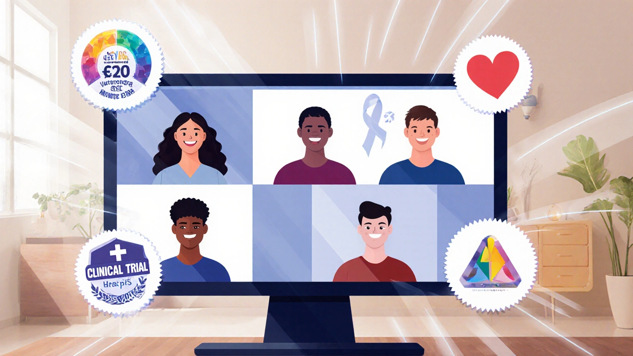 Online support group video call with diverse LGBTQ+ cancer survivors.