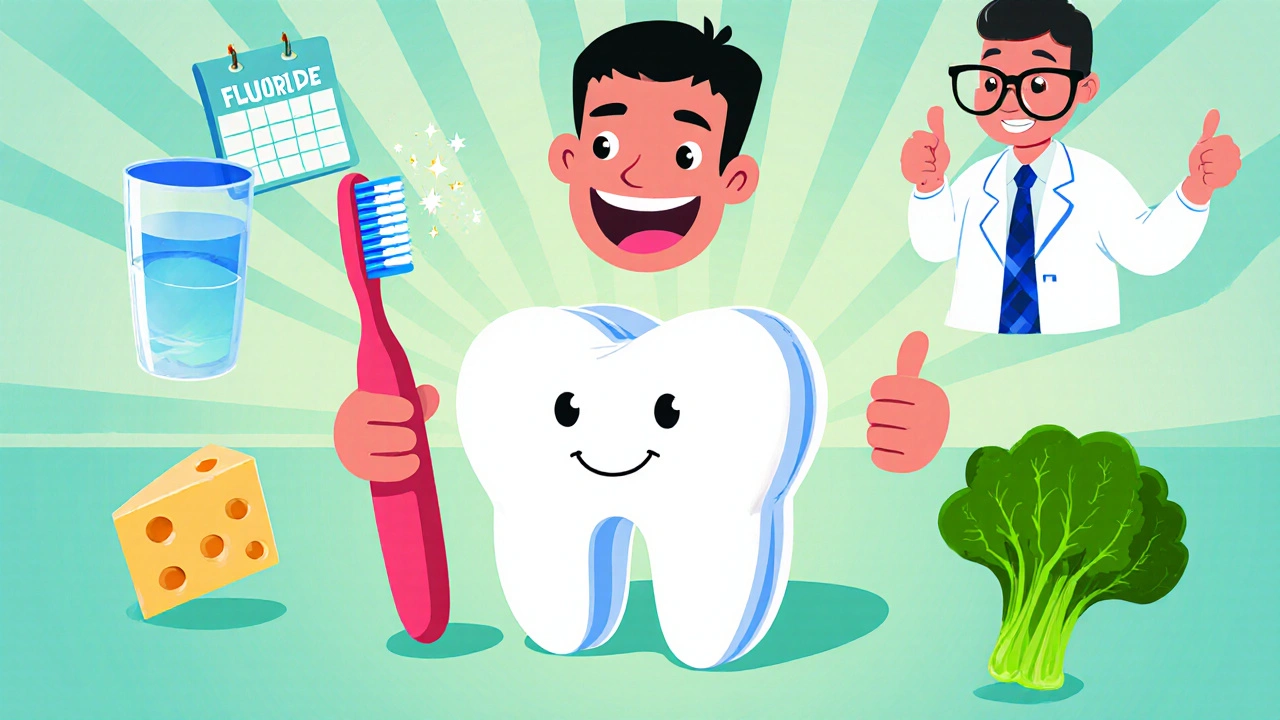 Patient brushing teeth with fluoride, water, cheese, and dentist giving thumbs up.
