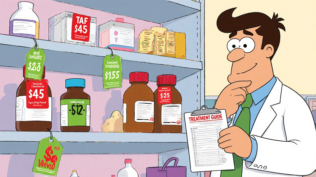 Patient compares cheap Lamivudine and pricier alternatives on pharmacy shelves.