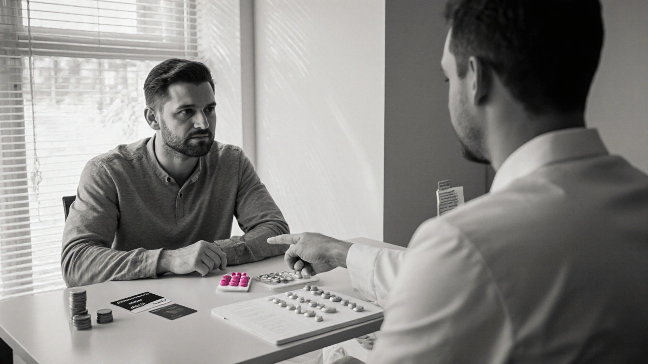 Patient consulting a doctor with different ED tablets and subtle cost symbols on the desk.