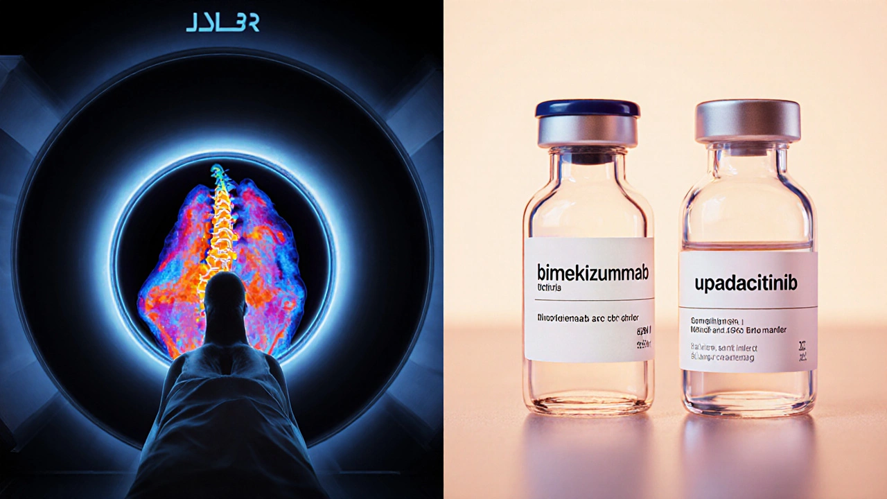Patient in wholeâbody MRI showing inflammation map, next to an injection pen and pill bottle.