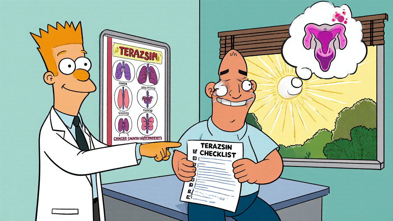 Patient reviews a Terazosin safety checklist while doctor points to cancer screening poster.