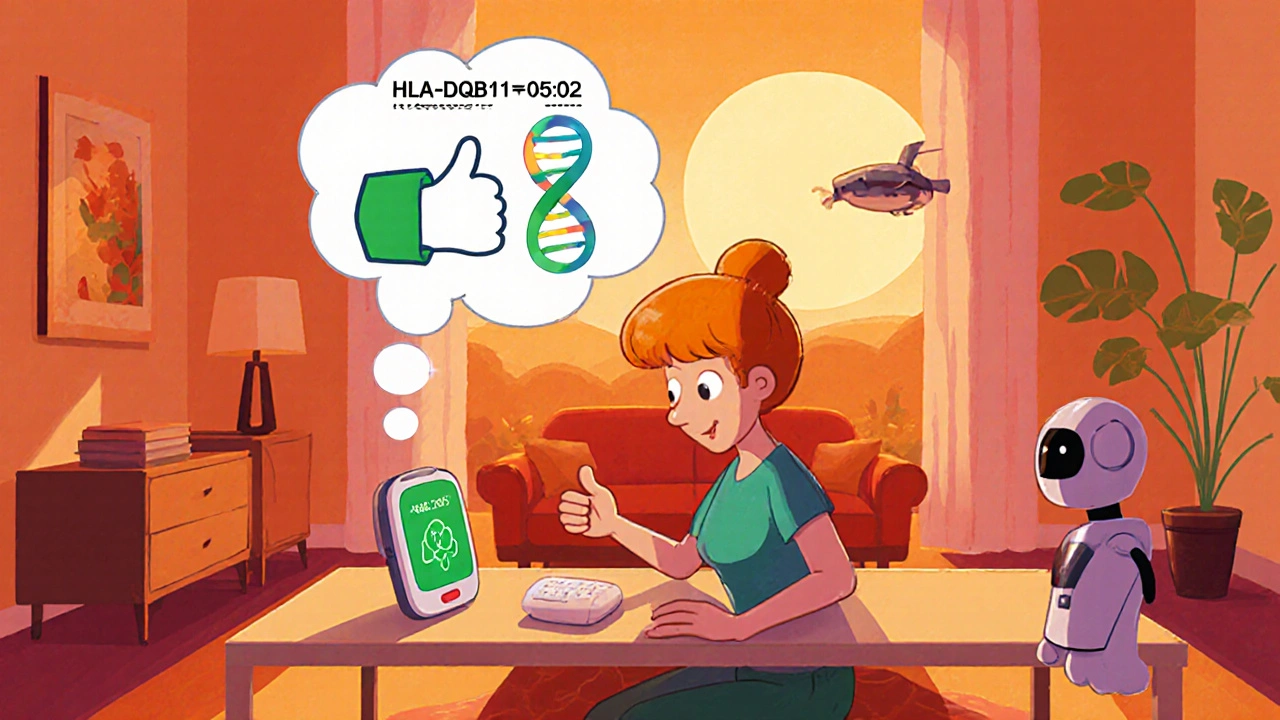 Patient using a handheld ANC tester at home with a DNA helix thought bubble indicating genetic risk.