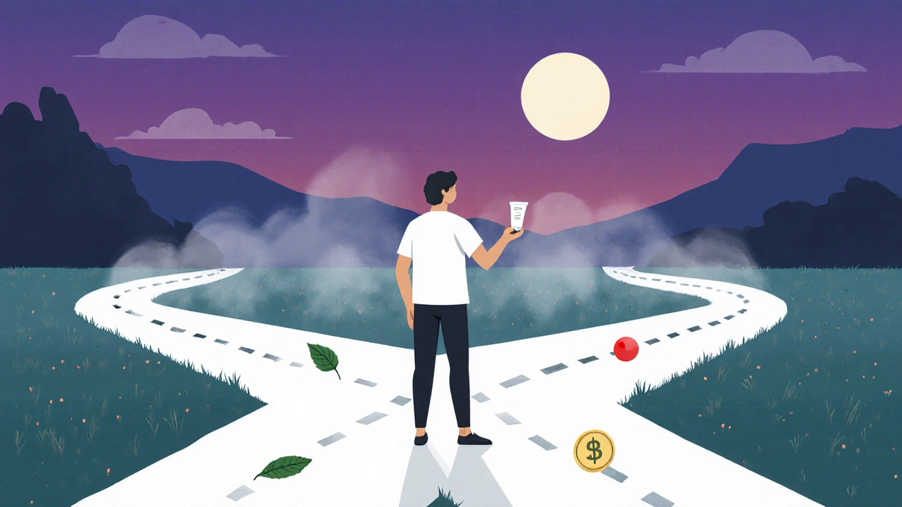 Person at a dusk crossroads with icons for acne, wrinkles, natural, and budget paths.