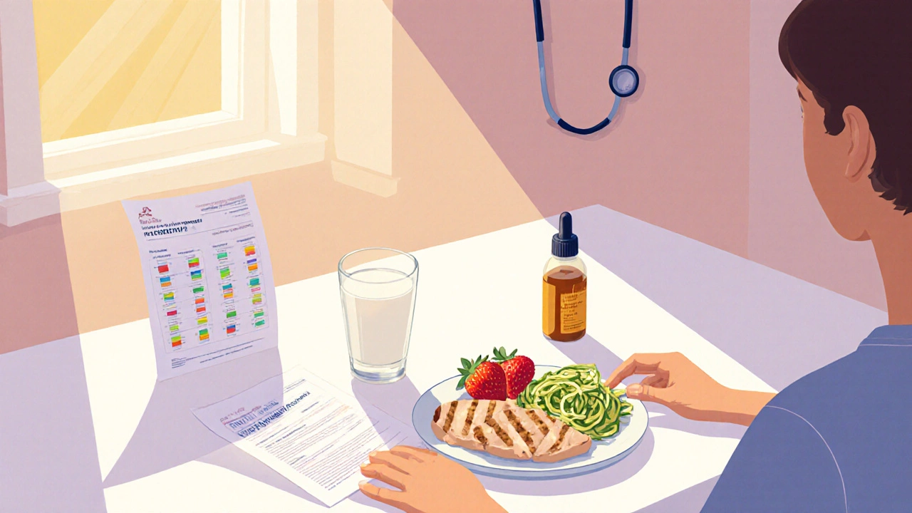 Person planning a gluten‑free meal with supplements and lab results on a kitchen table.