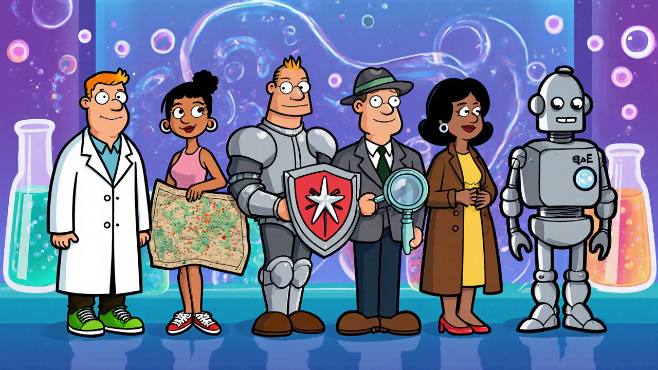 Personified drug characters stand beside Lamivudine, each showing unique traits.