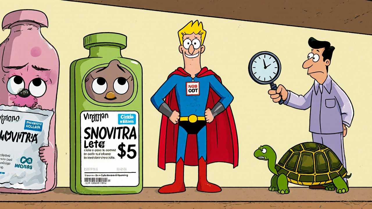 Pharmacy shelf with Snovitra, Levitra, and Viagra as cartoon characters comparing speed and price.