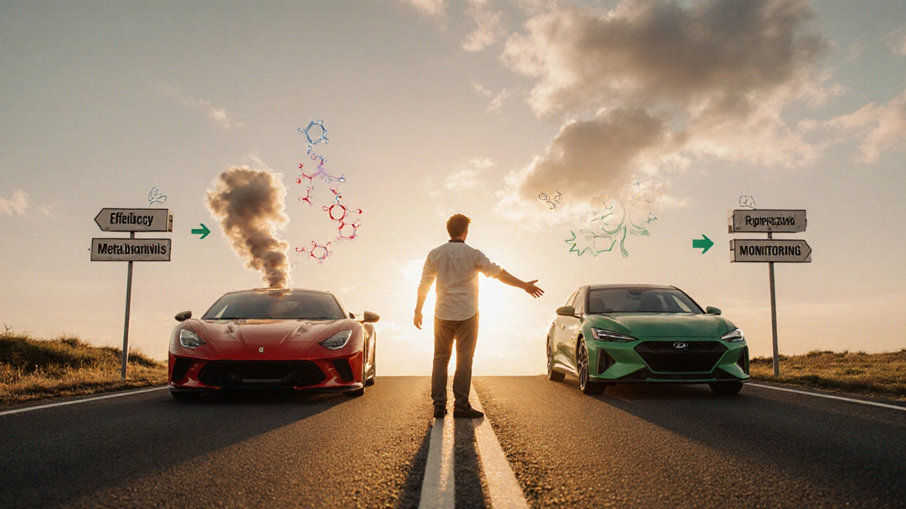 Road scene with a sports car and hybrid sedan symbolizing Olanzapine and Aripiprazole, person choosing between them.