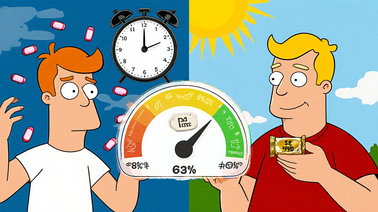Side-by-side cartoon comparing one-pill Secnidazole convenience versus seven-pill metronidazole hassle