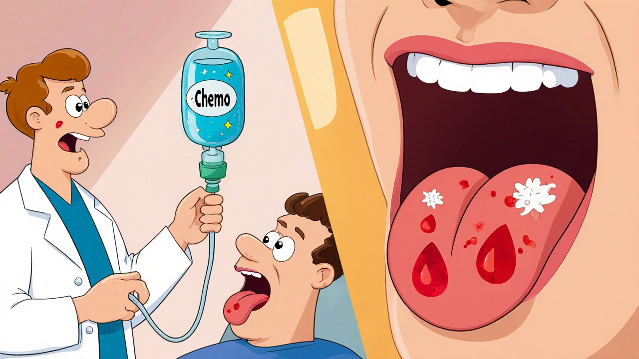 Side view of chemo infusion and close‑up of mouth with sores, bleeding, and fungus.