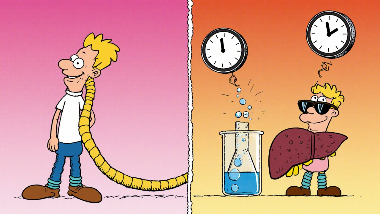 Split-screen cartoon comparing armodafinil's long-lasting effect versus modafinil's midday dip, with a watchful liver.