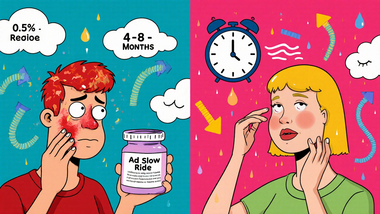 Split-screen cartoon: frustrated face with slow retinol vs. calm face with fast adapalene results.