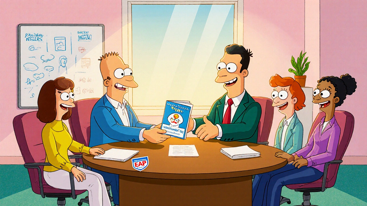 Supportive meeting with manager offering mental‑health resources to a smiling team.