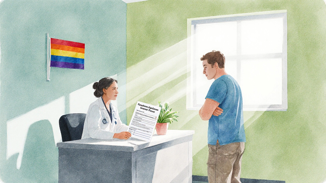 Trans patient discussing screening with a supportive doctor in an inclusive clinic.