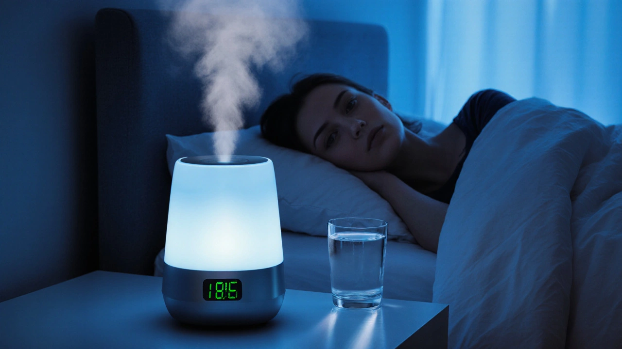 Ultrasonic humidifier misting beside a sleeping person, hygrometer indicates optimal humidity.