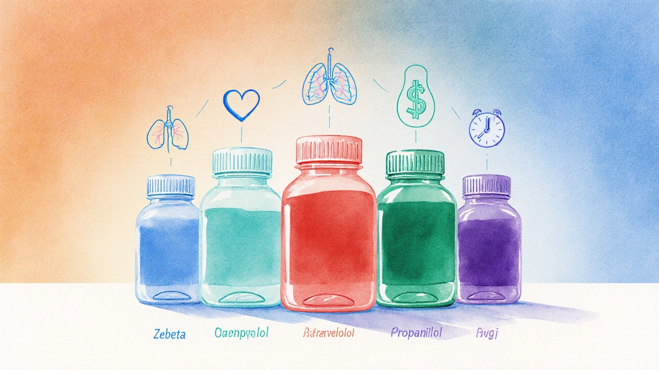 Watercolor layout of five beta‑blocker bottles with icons for heart, lungs, cost, and dosing.