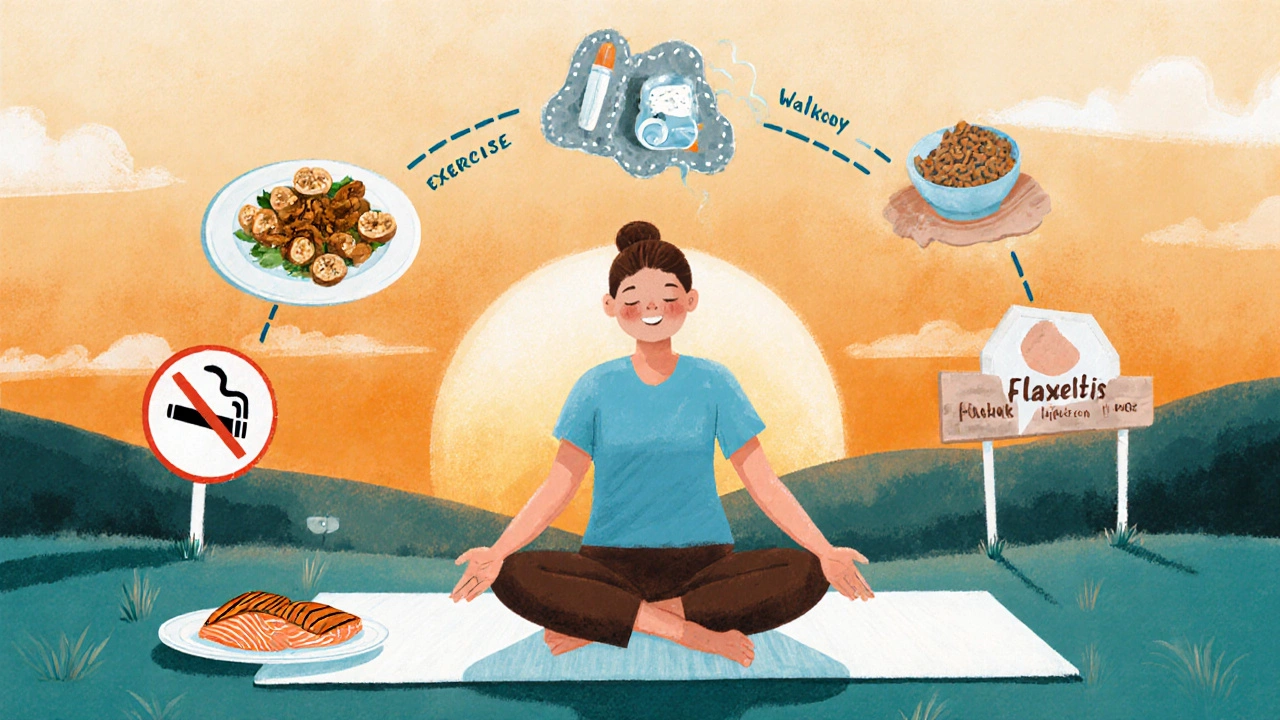 Yoga practitioner outdoors with salmon, nuts, noâsmoke sign, and a roadmap of AS treatment steps.