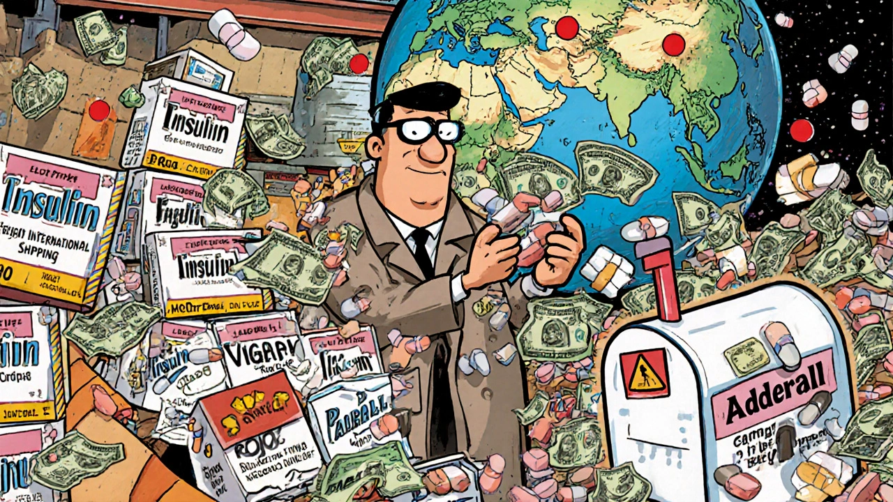 A chaotic warehouse of counterfeit medicine boxes, a crime boss counting pill-shaped cash, and packages shipping overseas.