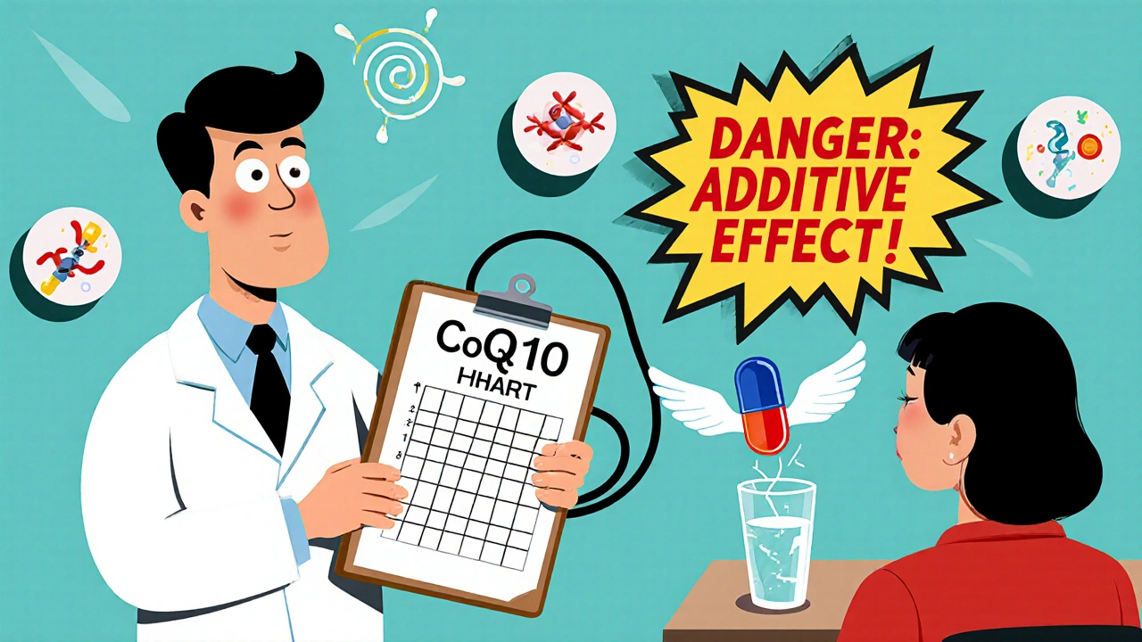 A doctor watches as a CoQ10 capsule causes a blood pressure chart to plummet, with a warning sign appearing.