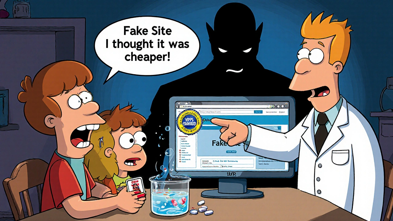 A family at the kitchen table as a pill dissolves in water, a doctor points to a verified pharmacy website while a shadowy figure lurks behind.