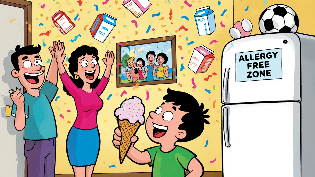 A family celebrates as a boy eats ice cream for the first time after outgrowing a milk allergy, with confetti and a soccer ball symbolizing freedom.