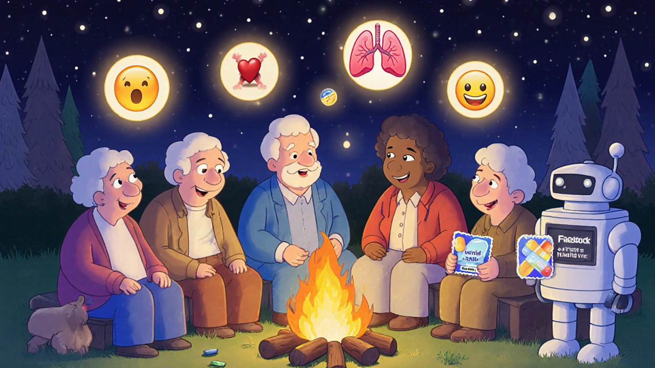 A group of patients share health stories around a campfire of emojis, receiving verified health badges.