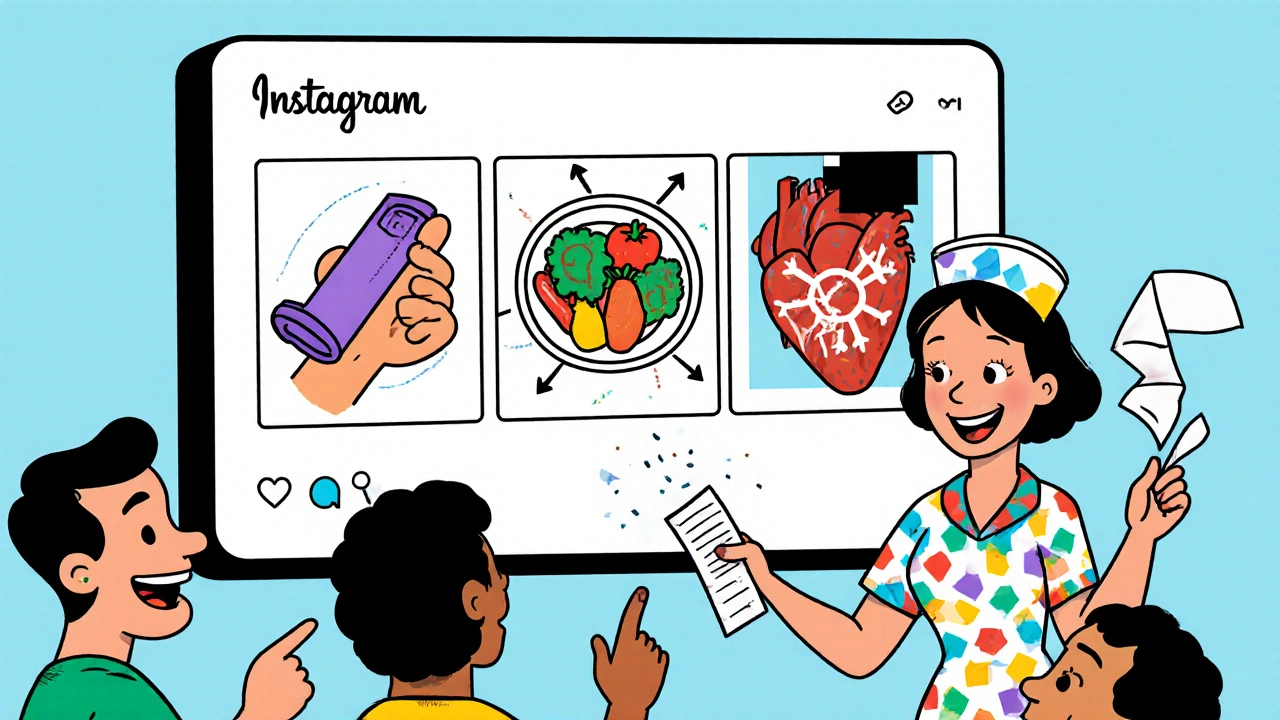 A nurse explains health tips through an animated Instagram carousel, while patients react joyfully.