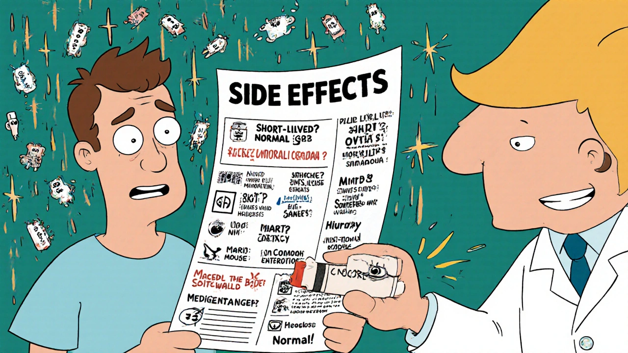 A patient overwhelmed by a storm of side effect icons from a medication leaflet, while a doctor erases the fear and replaces it with positive text.