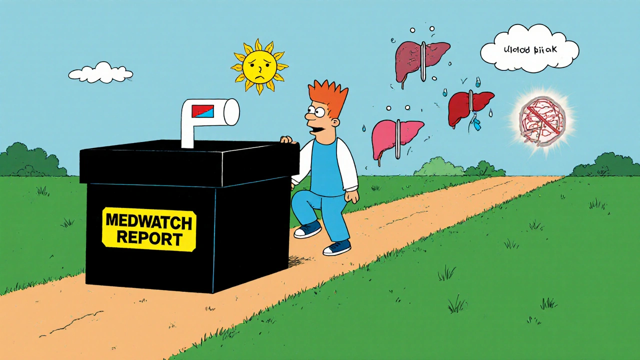 A person steps over a black box warning toward a mailbox labeled MedWatch, with cartoon side effects scattering away.