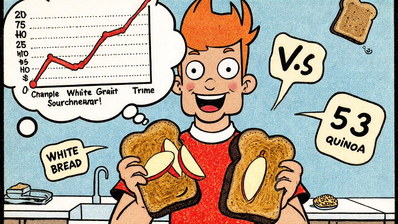A person swapping white bread for whole grain with peanut butter and apple, blood sugar graph dropping happily.