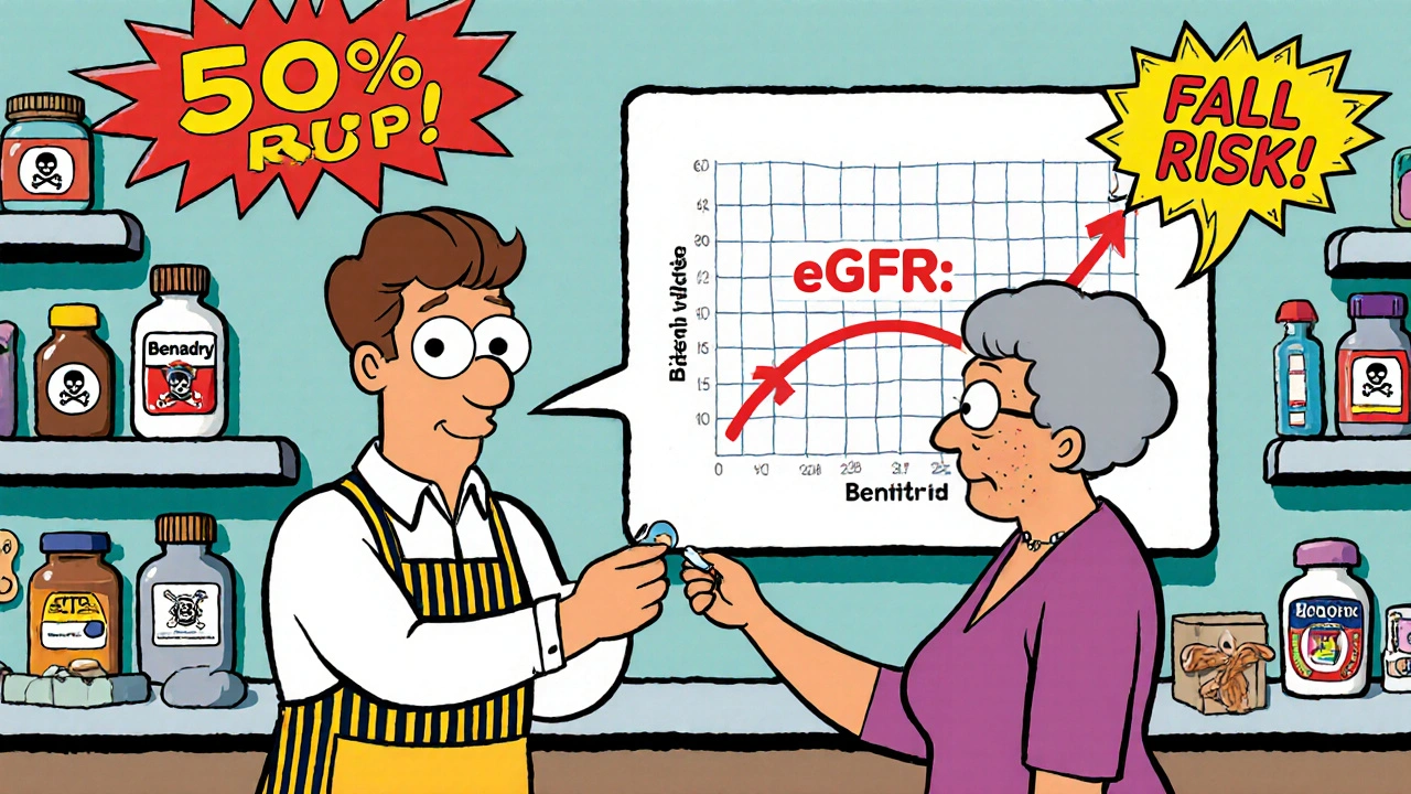 A pharmacist gives a small pill to an older woman while oversized risky OTC drugs glow with warning symbols.